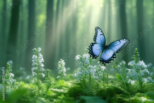 Majestic butterfly in a mystical forest glade.  A vibrant blue butterfly floats amongst soft white flowers in a lush, sunlit forest
