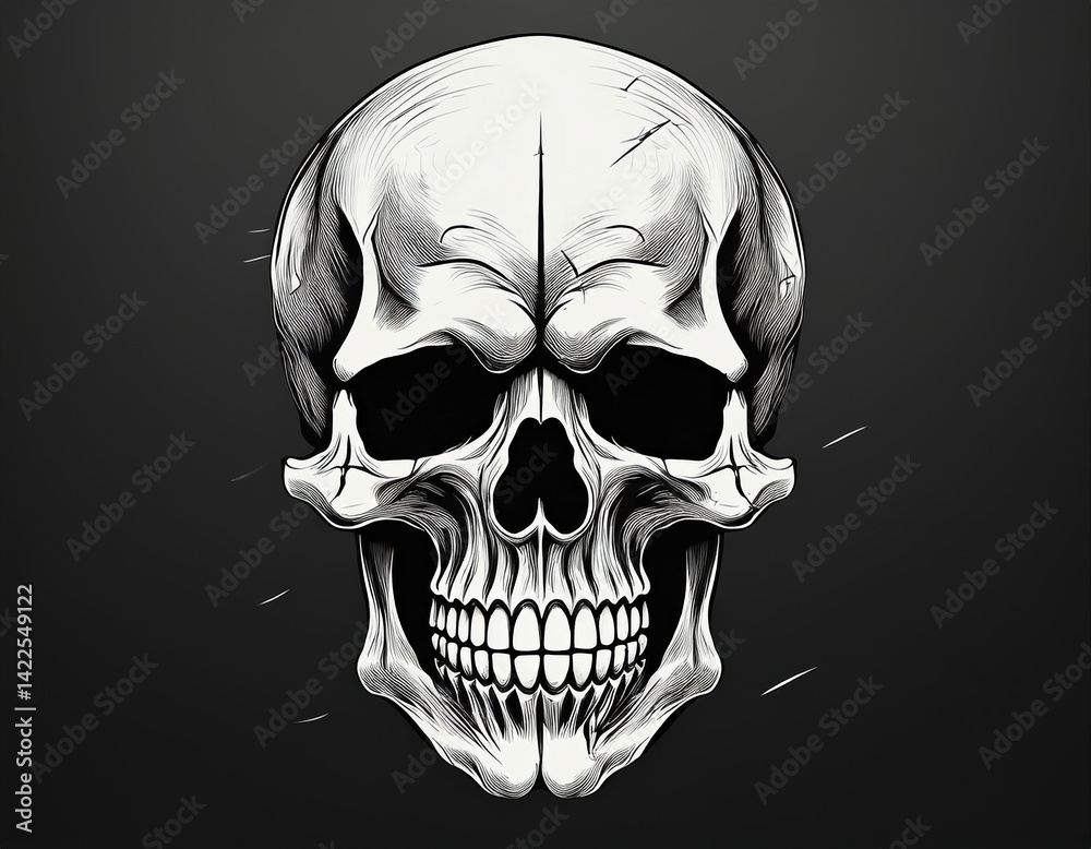 Fototapeta premium Intricate black and white skull illustration with detailed shadows