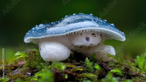 Close-up of a delicate, vibrant blue mushroom nestled in moss.  Its cap displays a mesmerizing texture, and its stem and base are a soft, white hue