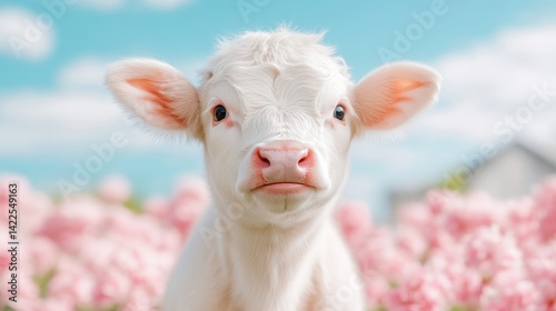 Cute calf in a field of pink flowers