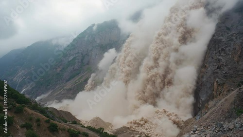 Massive landslide cascading down a mountain slope, creating a cloud of dust and debris, surrounded by lush greenery under a cloudy sky