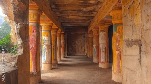 Colorful painted columns depicting ancient egyptian gods and goddesses