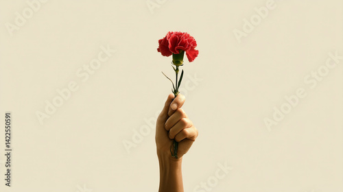 A close-up shot of a hand holding a vibrant red carnation, simple and beautiful.