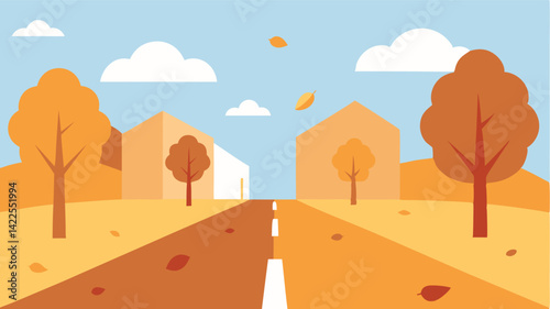 Watercolor Street with Autumn Trees and Falling Leaves