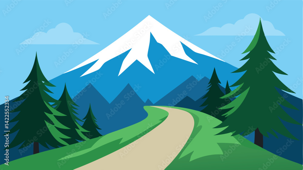 Fototapeta premium Pine Forest Trail with Snowy Mountain Backdrop