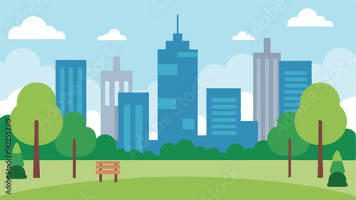Quiet City Park Surrounded by Tall Buildings in Flat Style