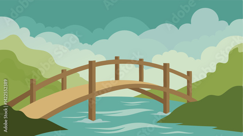 Old Wooden Bridge over Misty River in Watercolor