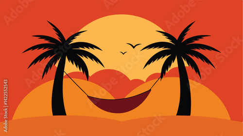 Island Sunset with Hammock between Two Palms