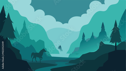 Hidden Valley with Unicorns in a Misty Scene