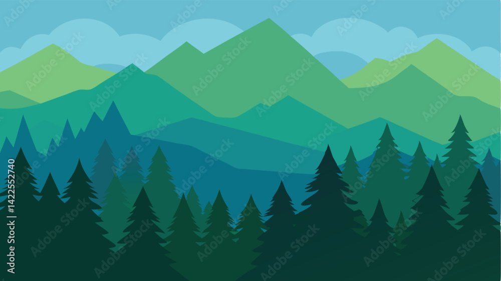 Fototapeta premium Flat Style Pine Forest with Layers of Mountains