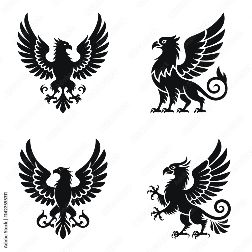 Obraz premium This image features four stylized griffon and eagle silhouettes, perfect for graphic design projects.