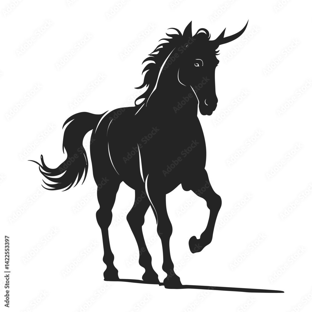 A captivating black silhouette of a unicorn in a dynamic pose against a plain white background. A captivating black silhouette of a unicorn in a dynamic pose against a plain white background.