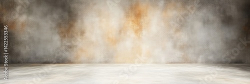 Empty concrete studio room with a textured grunge wall and floor illuminated by a soft central light source.