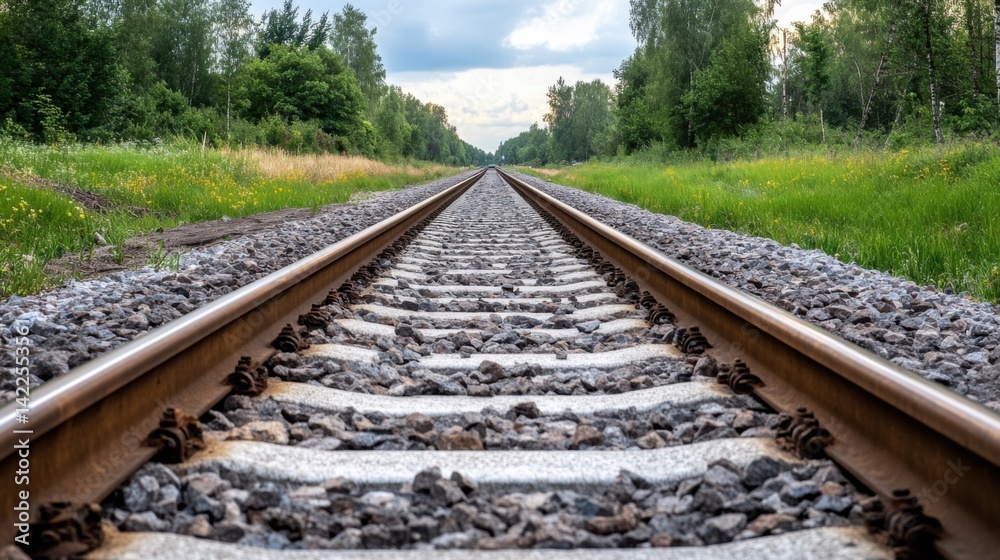 Obraz premium Tranquil Railway Track Under Cloudy Sky Surrounded by Lush Greenery in Peaceful Nature Landscape