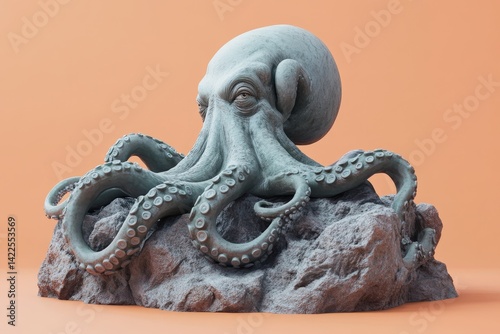 A stylized, light-grey octopus sculpture rests on a rock. photo