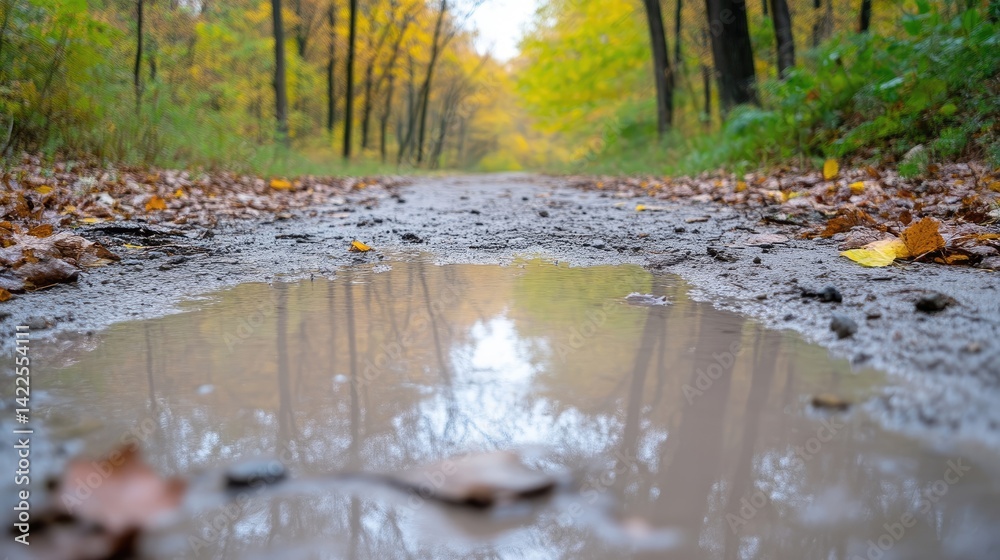 Fototapeta premium A water puddle on a muddy dirt road in an autumn forest reflects the surrounding trees.