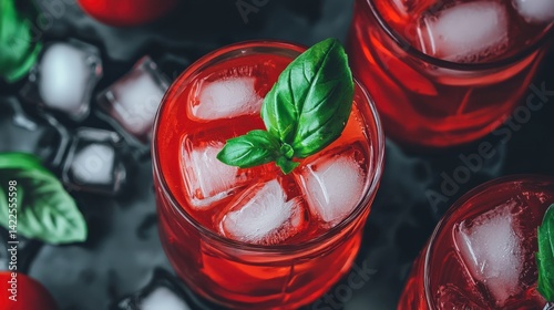 Freshly Made Tomato Juice with Ice and Basil Leaves in Glass