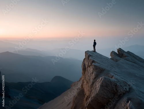 Silhouette of a man standing on a mountain peak contemplates the horizon