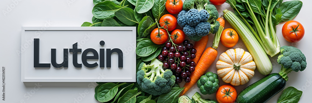 sign with lutein, fresh fruits and vegetables