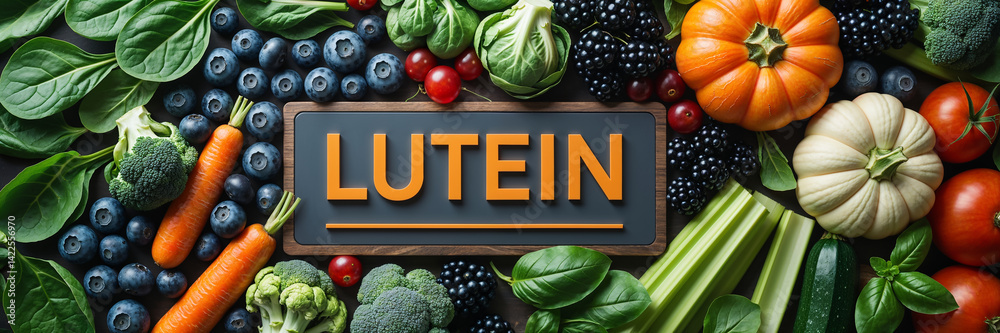 sign with lutein, fresh fruits and vegetables