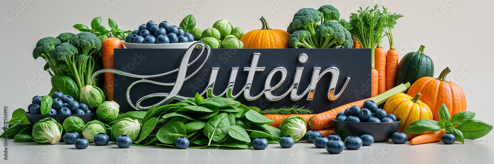 sign with lutein, fresh fruits and vegetables