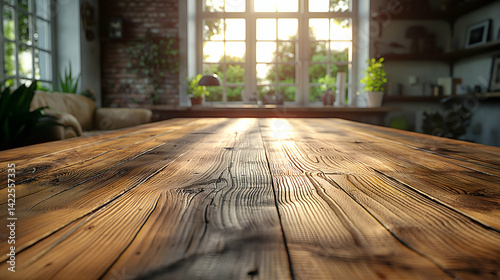 Sunlit Wooden Tabletop Farmhouse Texture Background.