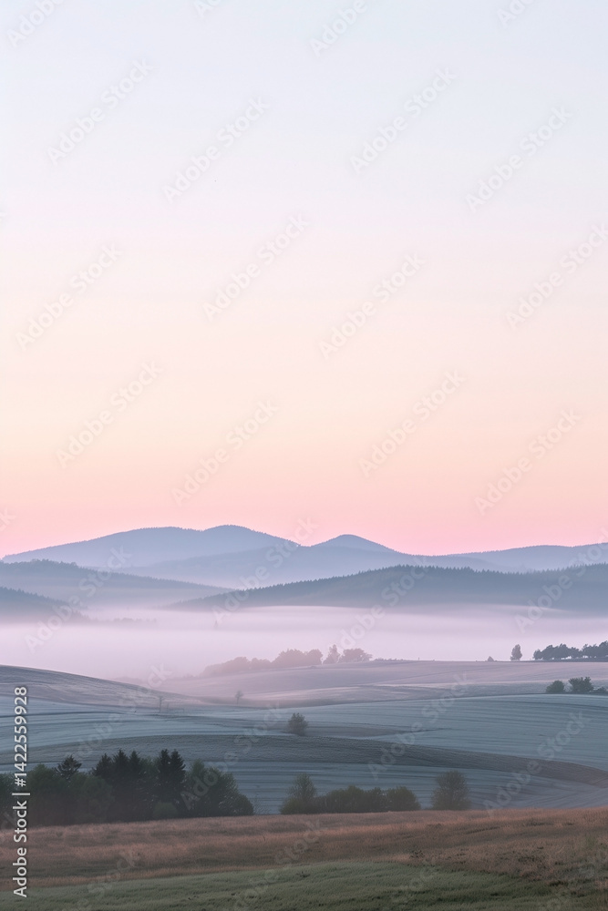 Obraz premium Pastel Sky Over Misty Landscape: Rolling hills fade into dawn's soft hues, veiled by ethereal mist, in a tranquil sunrise vista.