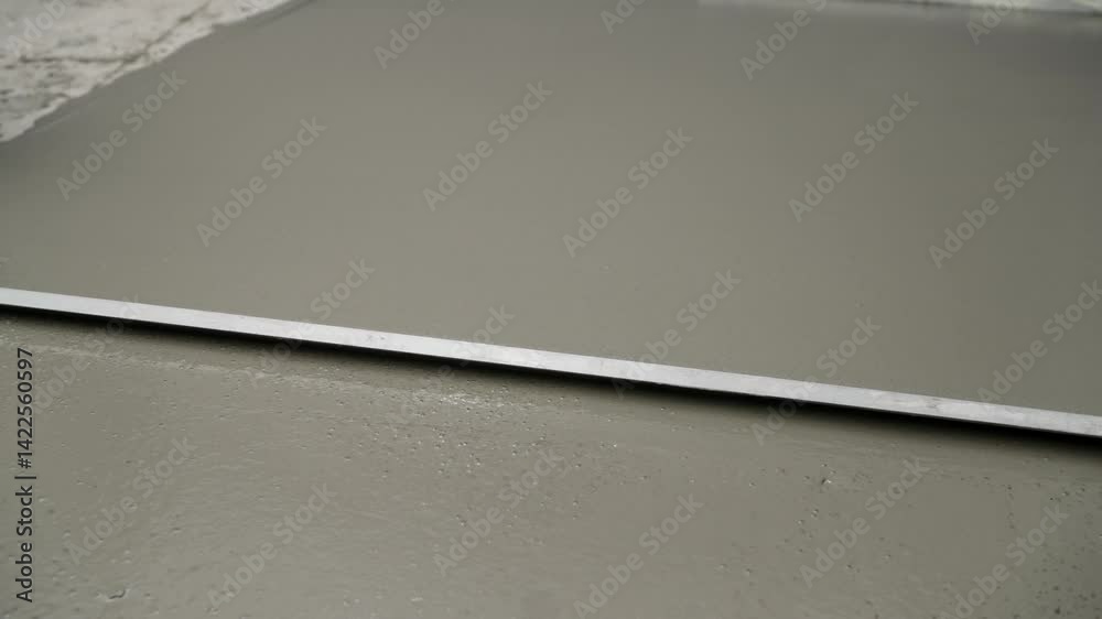 Construction workers smooth and level a wet concrete surface using a bull float, ensuring a flat and even finish