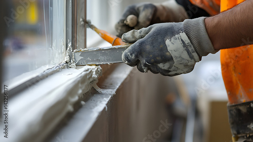 Obraz na płótnie Construction Worker Applying Caulk to Window Frame w salonie