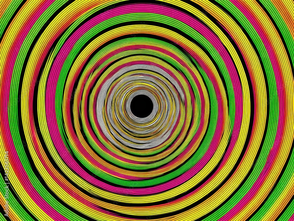 Abstract concentric circles with vibrant colors, creating a visually engaging and hypnotic spiral effect on a black background. Abstract concentric circles with vibrant colors, creating a visually engaging and hypnotic spiral effect on a black background.
