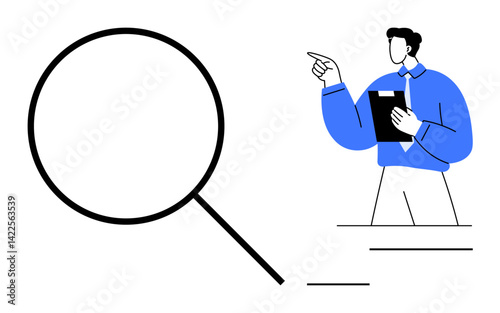 Magnifying glass and man with clipboard pointing, illustrating analysis, research, inspection, strategy, focus, investigation, problem-solving. Ideal for business strategy research education