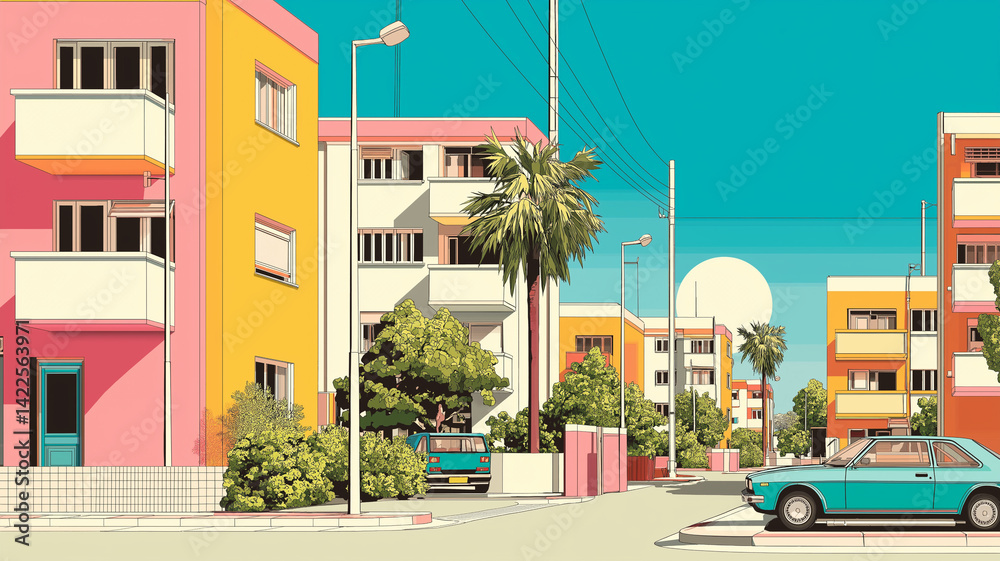 Fototapeta premium 1980年代の都会風景をイメージしたシティポップ風イラスト｜黄色やピンク、ブルーの建物が並ぶおしゃれな通りと車｜ノスタルジックで爽やかな街角背景素材