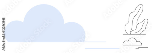 Large blue cloud with flowing lines, outlined plant, and abstract stream. Ideal for environment, weather apps, nature conservation, minimal art, serenity themes, eco-friendly concepts simple landing