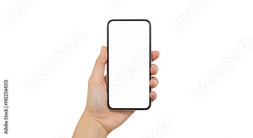 Hand holding phone mockup blank screen smartphone device technology on transparent background
