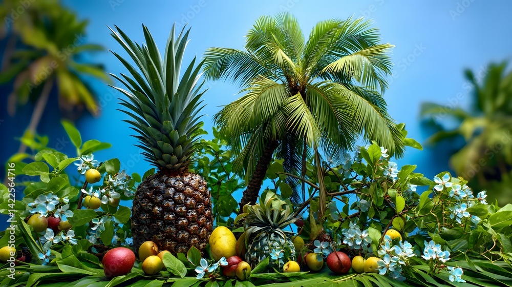 Tropical fruits and lush palm trees in a vibrant, idyllic setting. Tropical fruits and lush palm trees in a vibrant, idyllic setting.