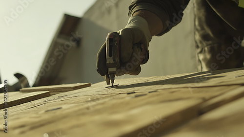 Obraz na płótnie Construction Worker Using Nail Gun on Wooden Surface w salonie