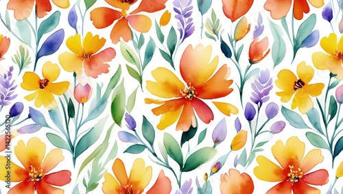 Seamless pattern of autumn wildflowers painted in watercolor. Hand-painted watercolor floral wallpaper.