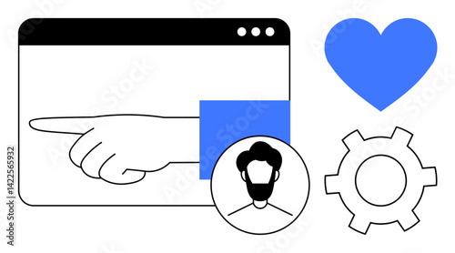 Hand pointing inside browser window with profile avatar, blue heart, and gear icon. Ideal for user interface, personalization, settings, teamwork, connections, optimization simple landing page