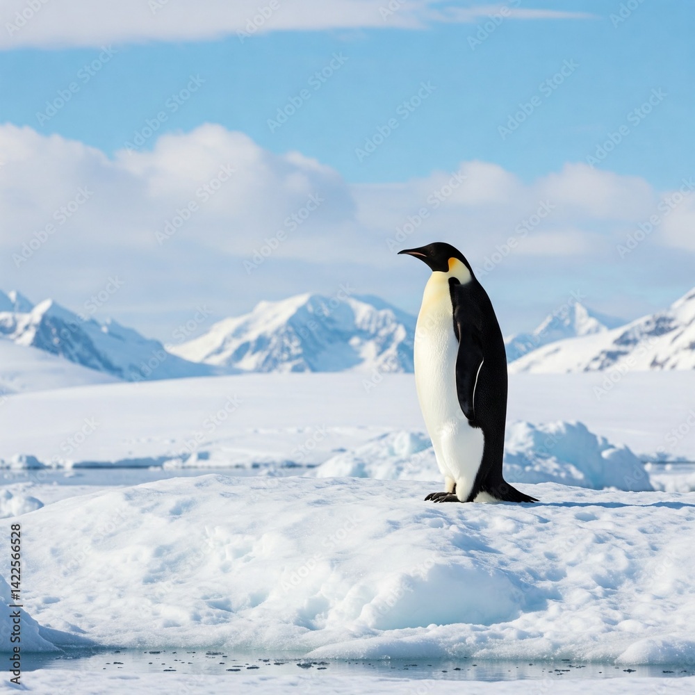 Fototapeta premium A regal Emperor penguin poses proudly on a frozen ice floe in Antarctica, set against breathtaking icy scenery beneath a bright blue sky. Ideal for wildlife and nature concepts.