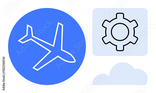 Airplane inside blue circle, beside gear and cloud icons in light tones. Ideal for aviation, innovation, travel, technology, logistics, development, and a simple landing page