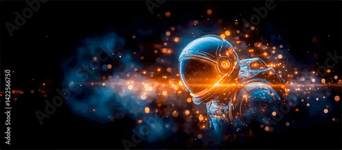 Astronaut is wearing spacesuit and exploring deep space with glowing lights and particles