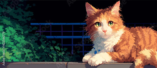 Orange and white cat with green eyes resting on a wall in the dark near a fence and a bush