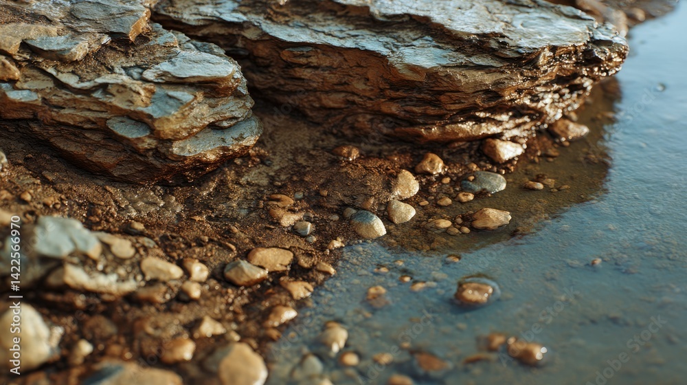 Obraz premium Tranquil Waters Edge with Rocks and Pebbles Ground Level View