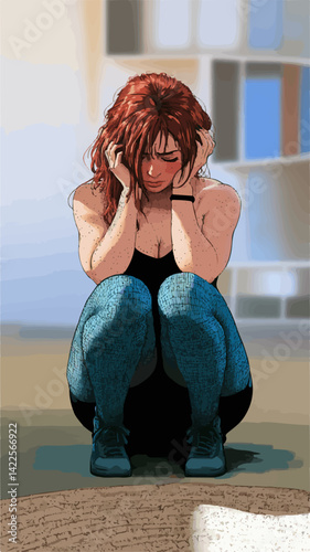 Sad red-haired girl with freckles and casual clothes sitting on the floor covering her ears, suffering from psychological problems