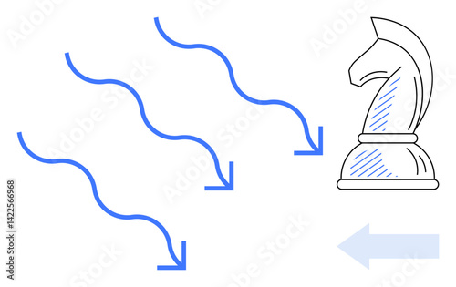 Abstract arrow paths point towards a knight chess piece, symbolizing strategy, movement, and planning. Ideal for leadership, tactics, business growth, competition, decision-making strategic