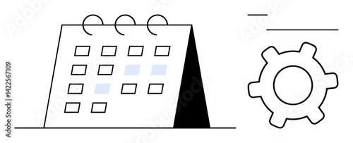 Calendar stand with marked dates beside a gear icon representing schedule management, organization, and settings. Ideal for planning, time management, productivity, configuration, workflow