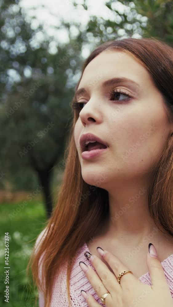 Girl Coughs From Asthma From Pollen Allergy In The Countryside In Spring Season Girl Coughs From Asthma From Pollen Allergy In The Countryside In Spring Season