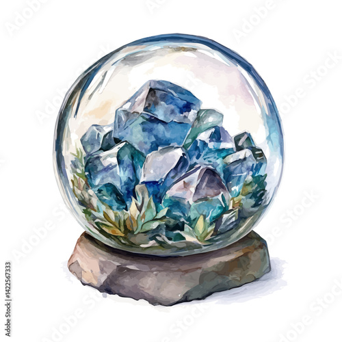 watercolor of Meteorite Encased In Crystal Glass, vector, isolated on a white background.