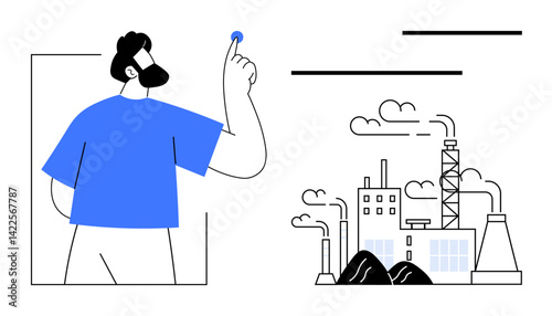 Person interacting with button, factory emitting smoke under clouds. Ideal for technology, environment, industry, carbon control, manufacturing, energy innovation. Flat simple metaphor