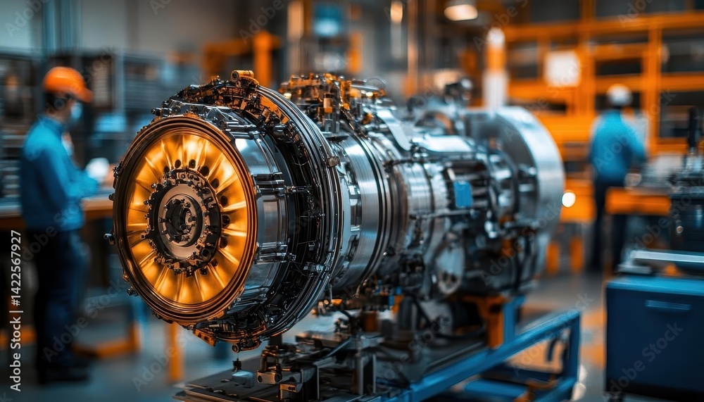 Fototapeta premium A wideangle shot of engineers conducting a performance test on an engine in a lab, Mechanical Engineering, Advanced and technical